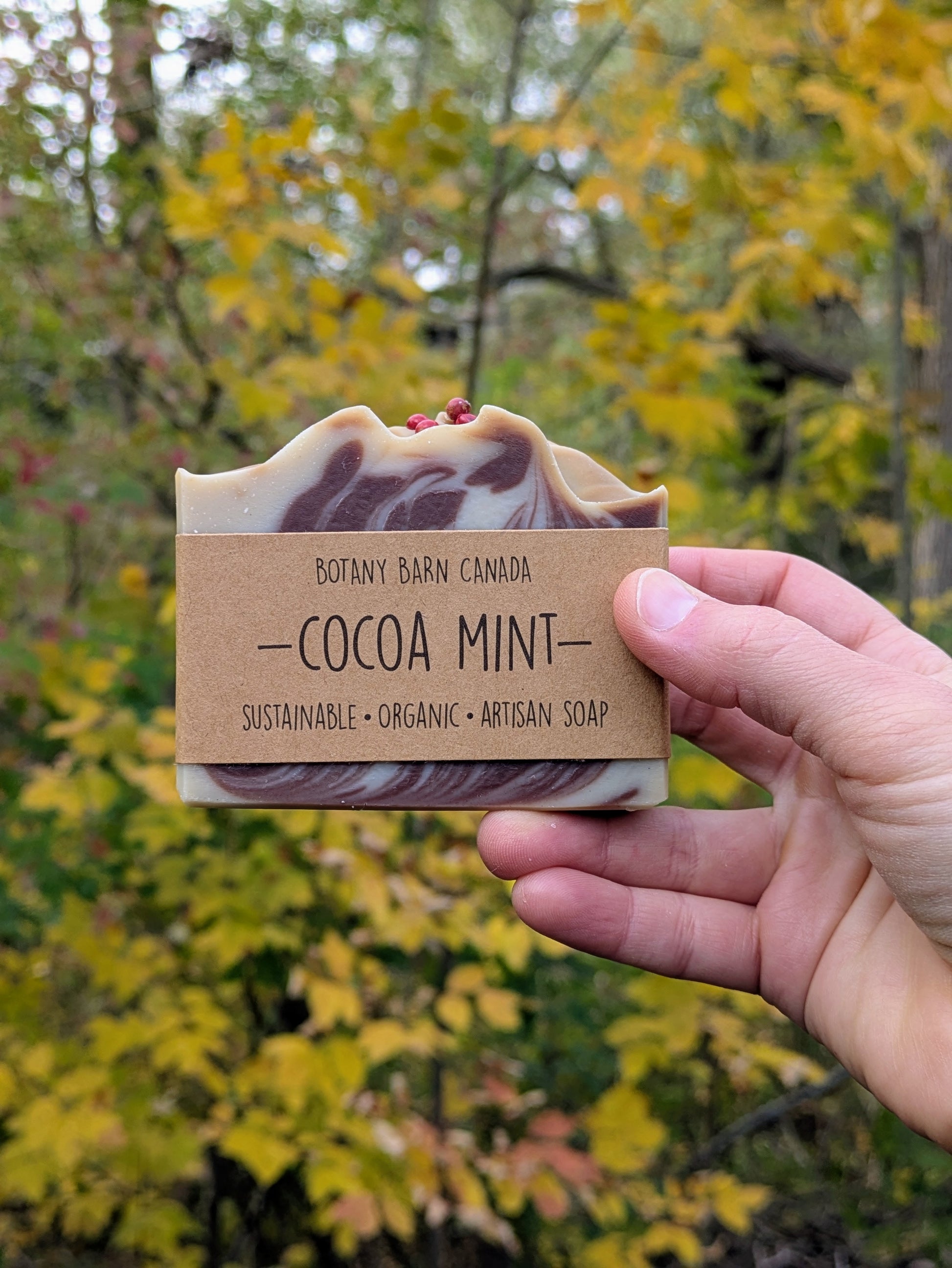 Hand holding a bar of soap with a 'Cocoa Mint' label against a blurred natural background