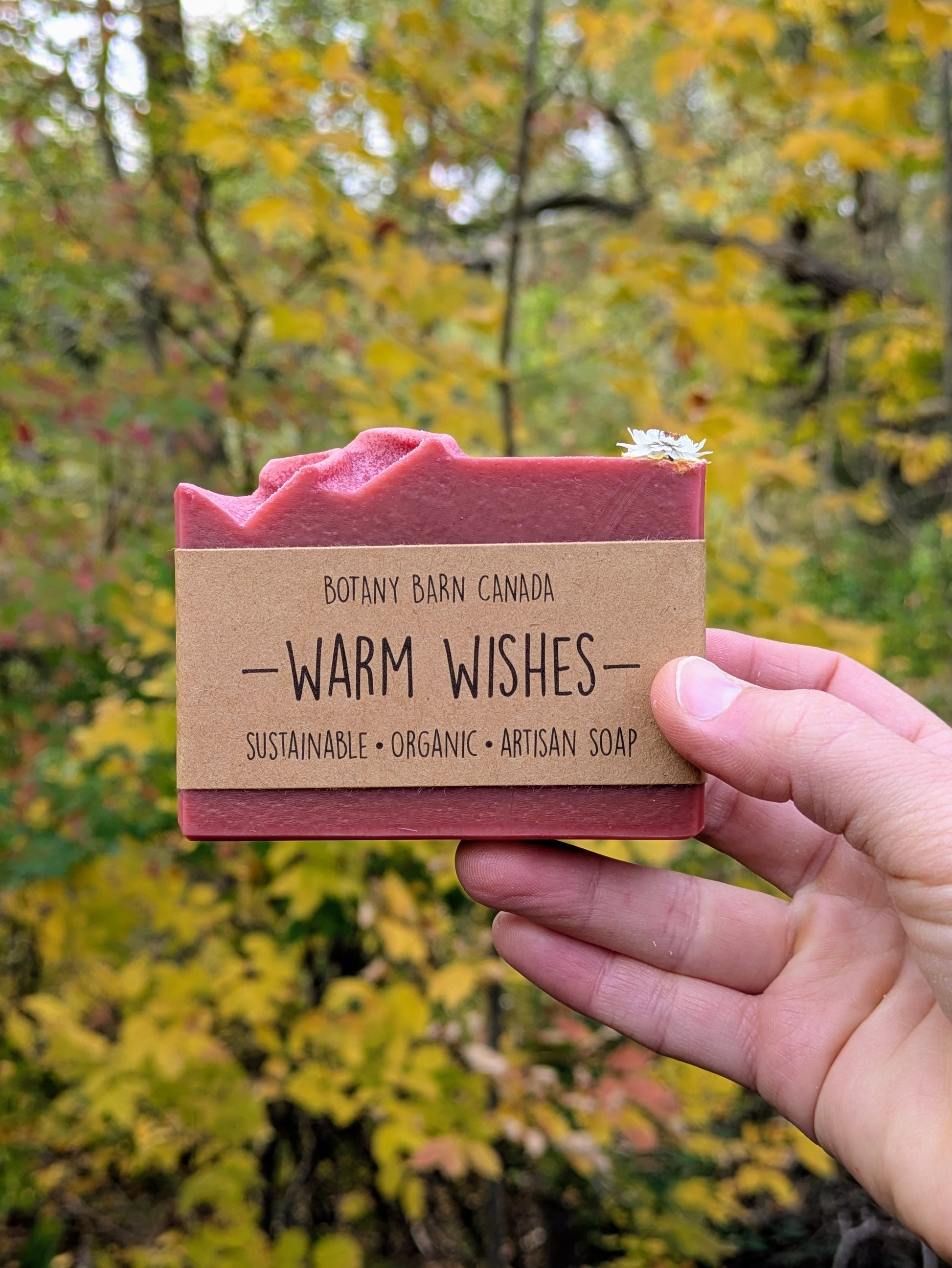Bar of soap with a 'Warm Wishes' label held in front of a blurred natural background