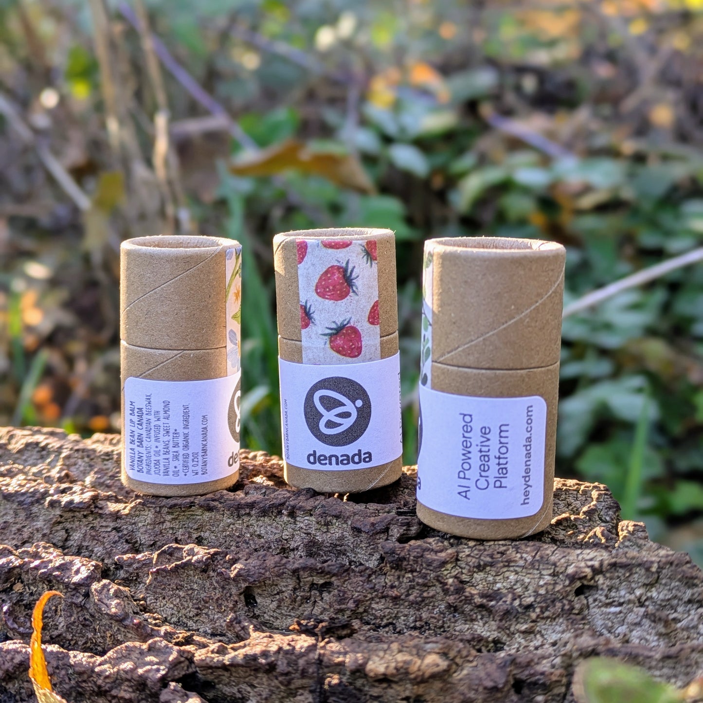Three lip balm tubes with corporate branding on a wooden surface with a natural background