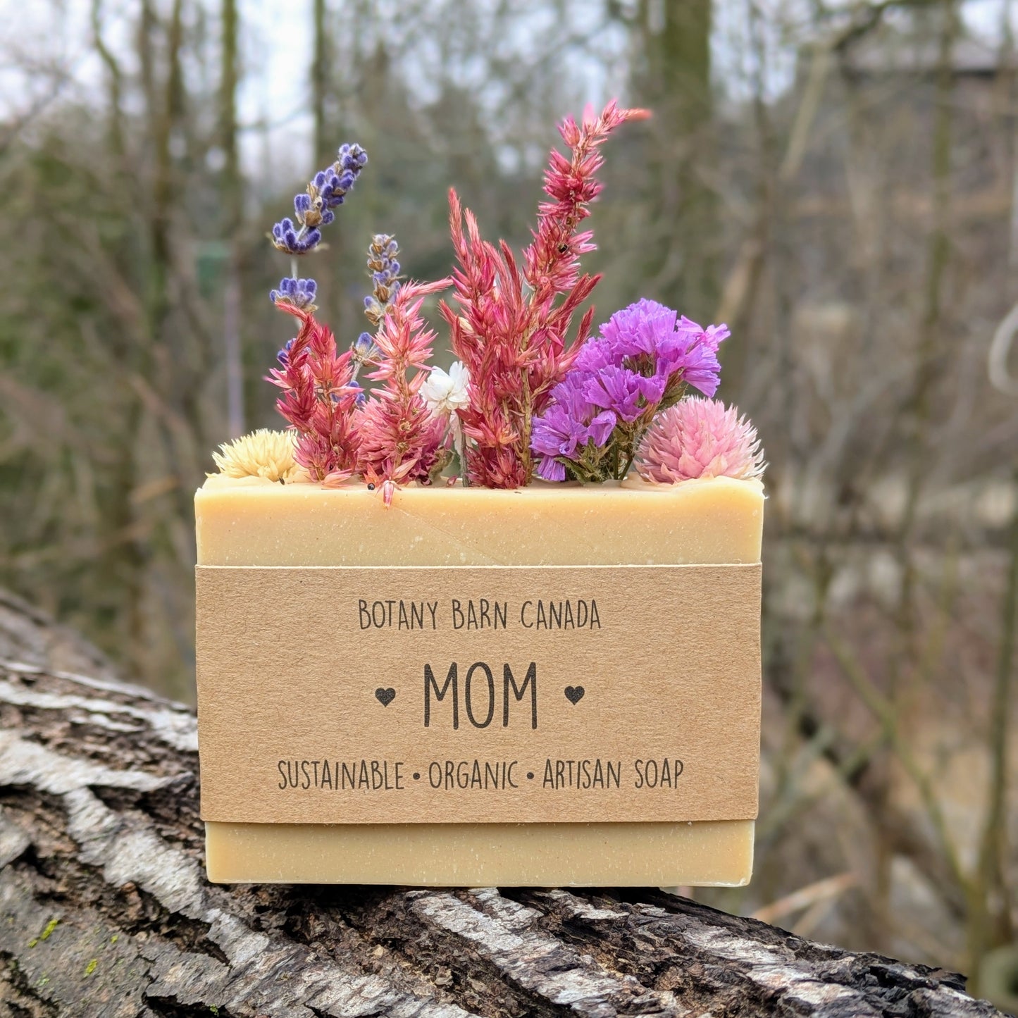 Bar of soap with flowers on a tree branch, featuring 'Botany Barn Canada' branding.