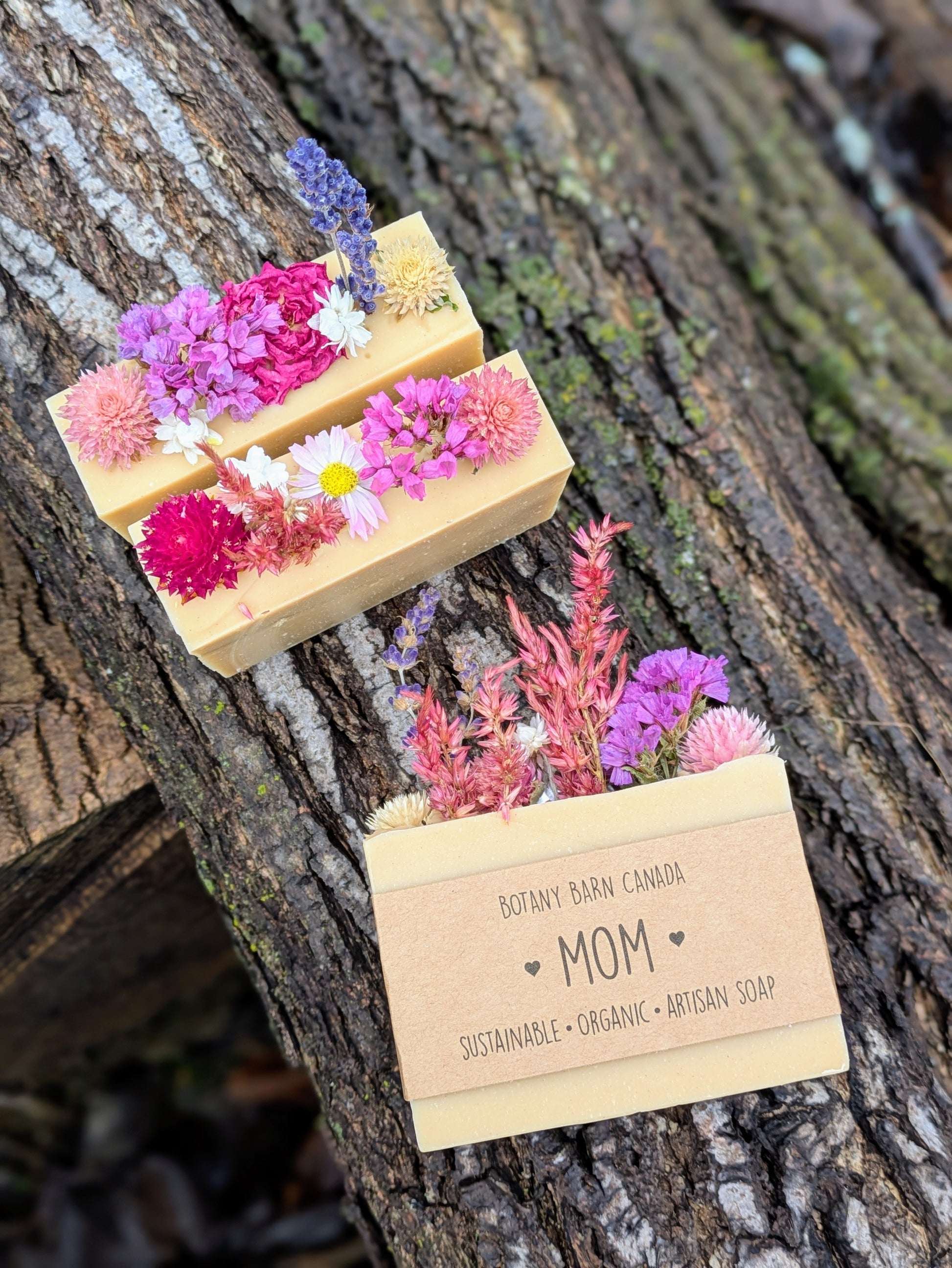 Three soap bars with floral toppings on a tree trunk, featuring a label for 'Mom' from Botany Barn Canada.