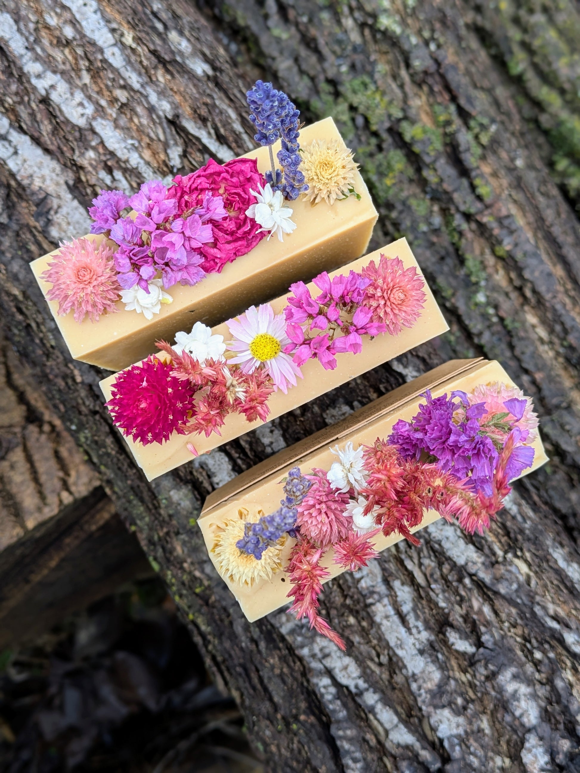 Three rectangular soap bars with embedded dried flowers on a tree bark background