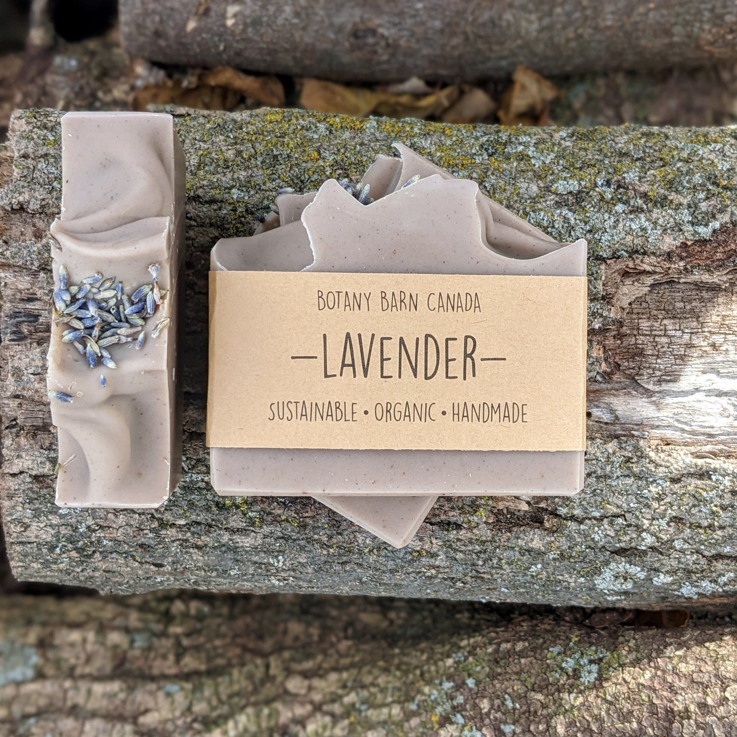 Bars of handmade artisan soap, top and front view. The soap is pale purple in colour with dried lavender buds scattered on top. A brown label reads the name of the company, Botany Barn Canada and the name of the soap, Lavender.