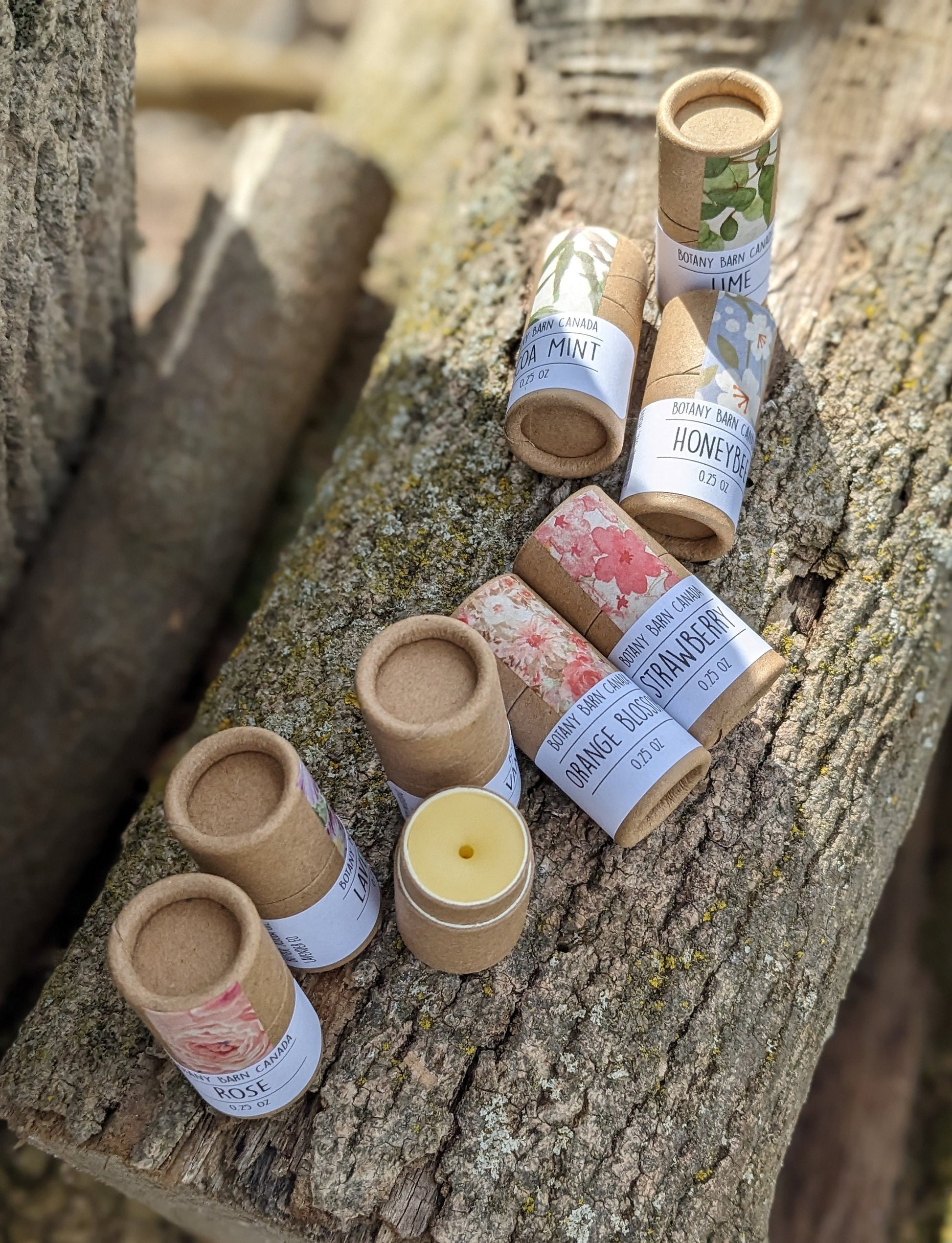Set of nine lip balms displayed on a log
