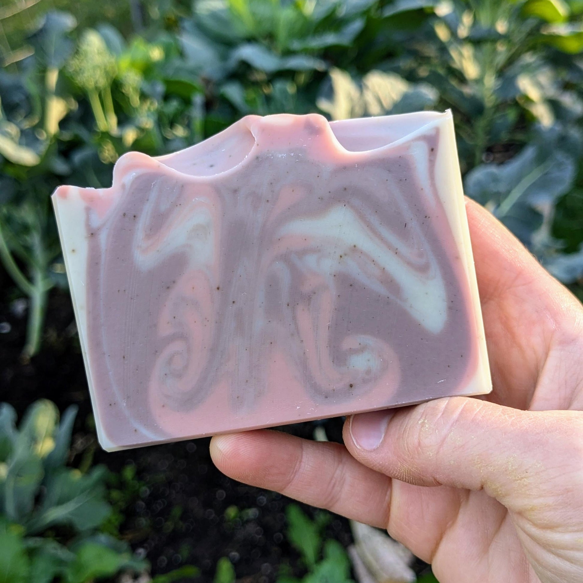 Hand holding a pink and purple marbled soap bar with a garden background