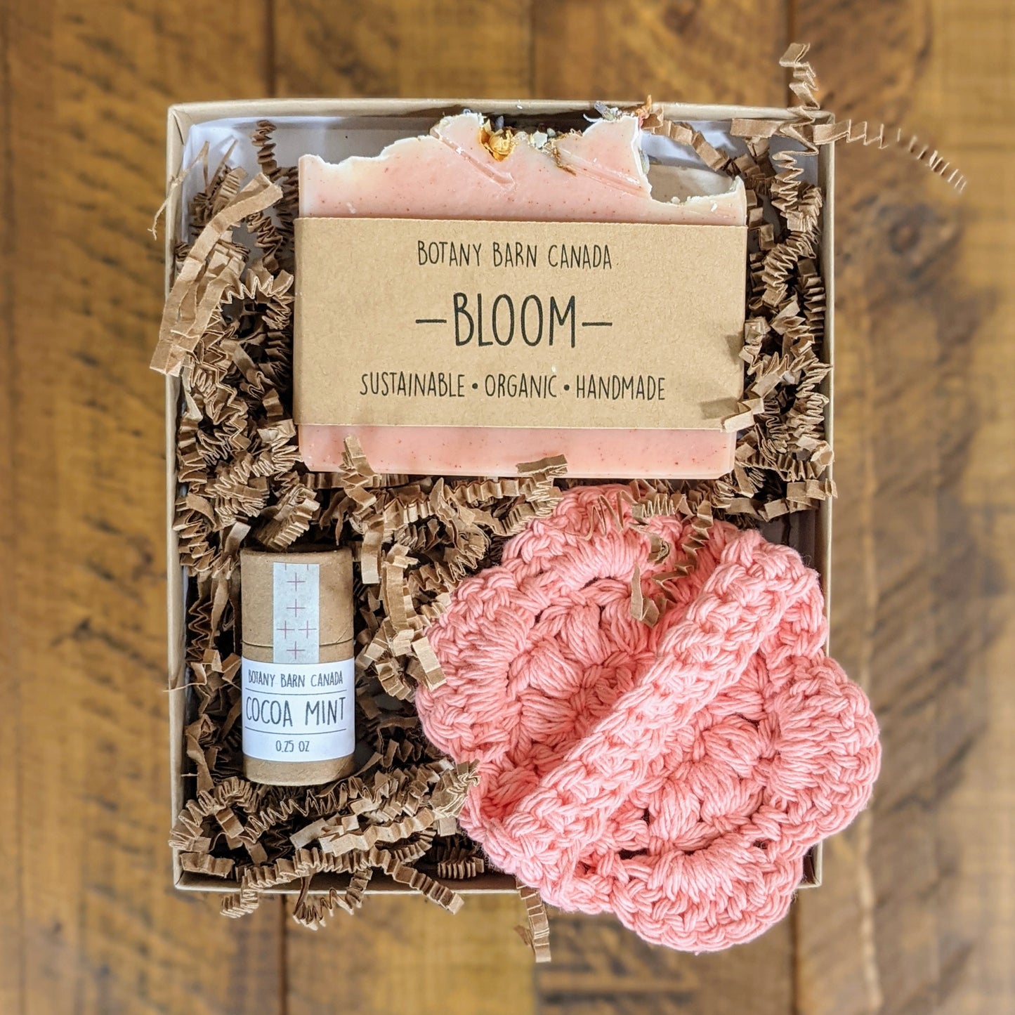 Self Care Gift Set With Organic Soap, Eco Friendly Lip Balm and Crochet Flower Scrubby