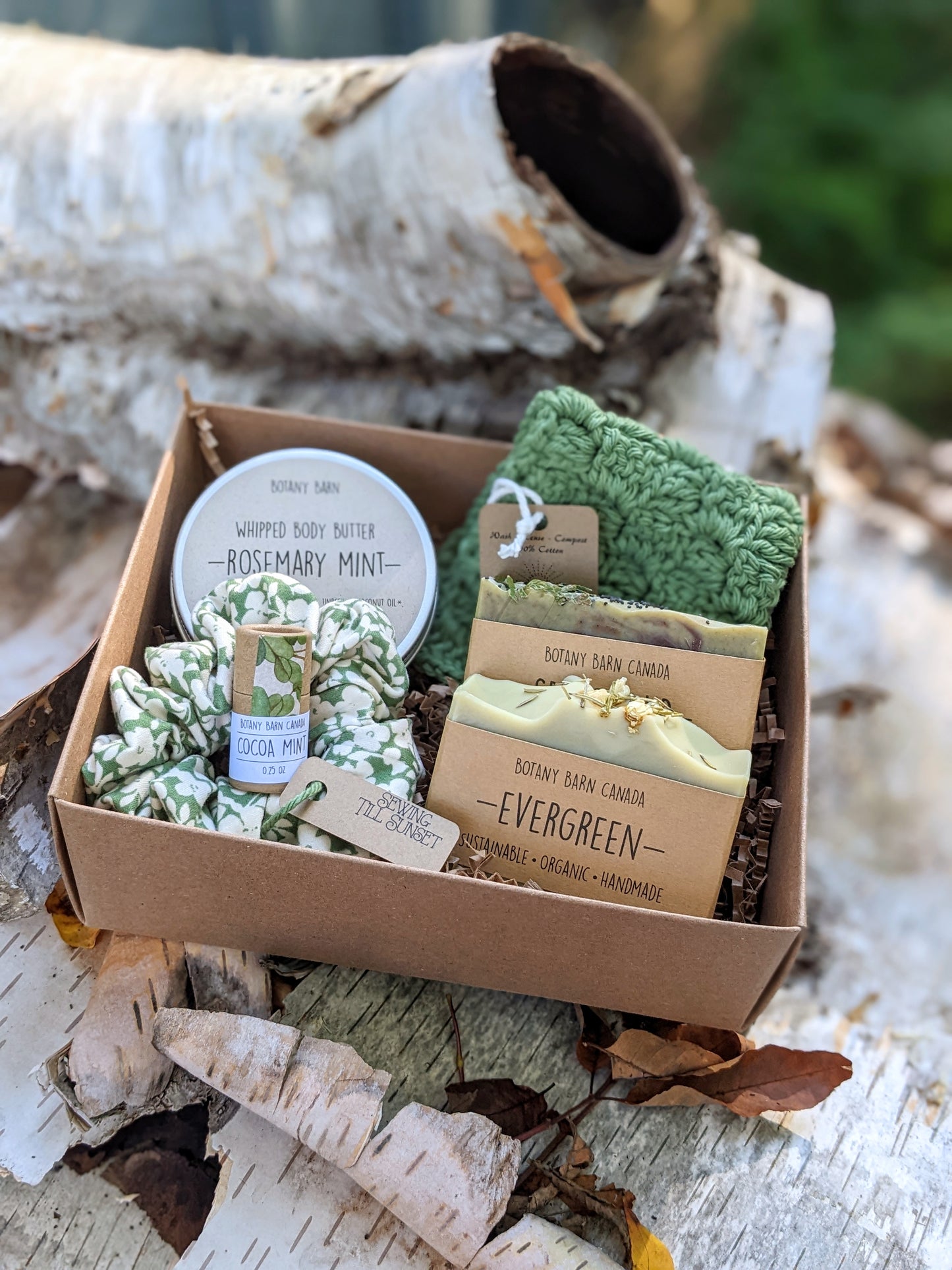 Woodsy Luxury Spa Kit - Holiday Gift Set with Organic Soaps and Crocheted Washcloth, Whipped Body Butter, Handmade Scrunchie & Lip Balm