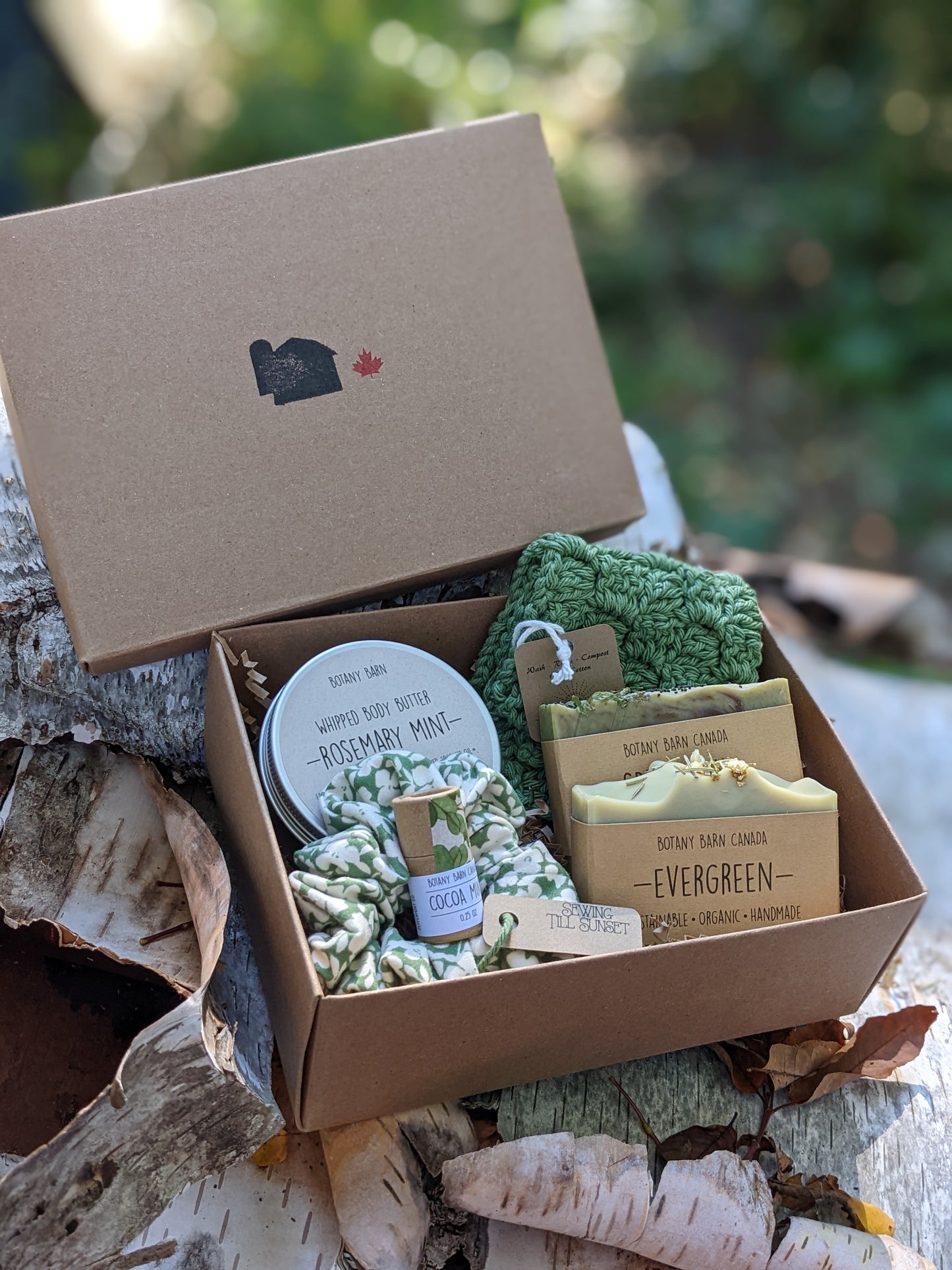 Woodsy Luxury Spa Kit - Holiday Gift Set with Organic Soaps and Crocheted Washcloth, Whipped Body Butter, Handmade Scrunchie & Lip Balm