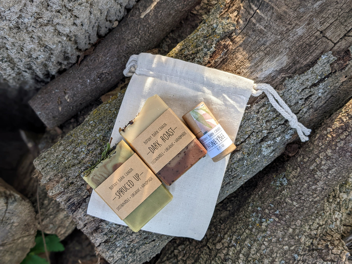Small Wellness Gift of Two Mini Soaps & One Lip Balm in Cotton Bag