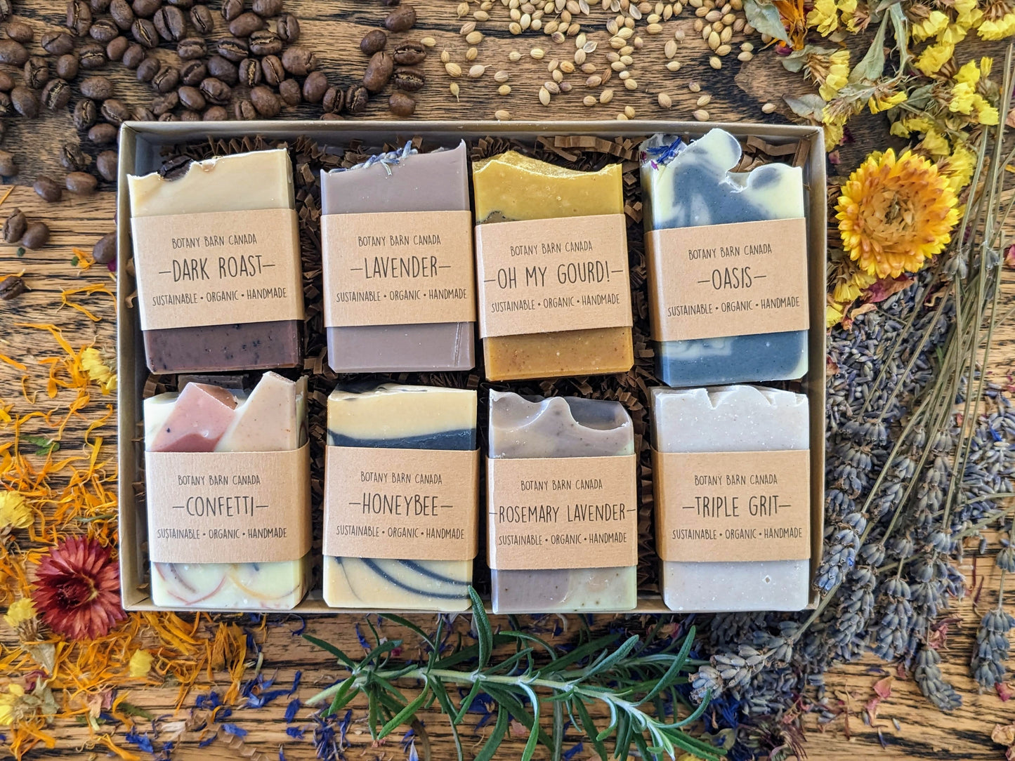 Coffret cadeau de 8 savons aux huiles essentielles faits à la main - Échantillonneur de savon demi-barre