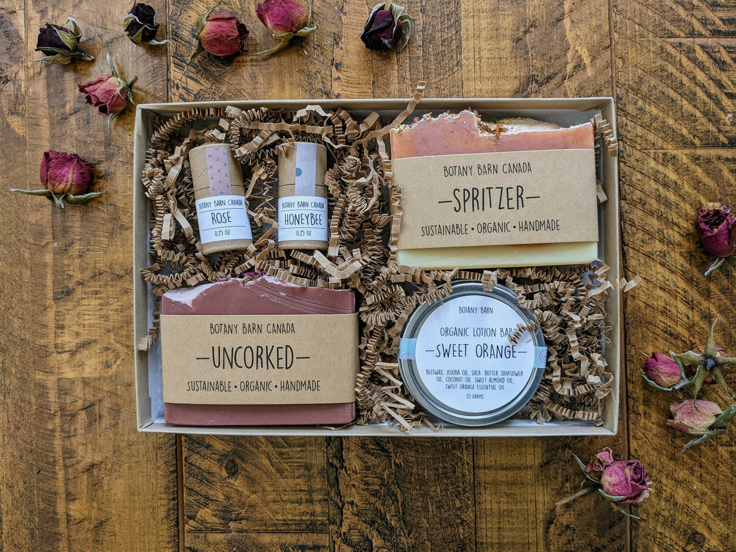 Sustainable Gift Set with 2 Natural Soaps, 2 Eco Friendly Lip Balm, 1 Organic Lotion Bar