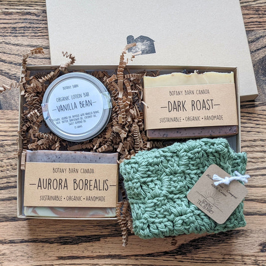 Caja de regalo ecológica con jabón orgánico hecho a mano, barra de loción y toallita verde